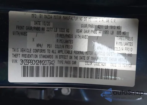 2021 Mazda Mazda3 Preferred из США, поврежденный, VIN 3MZBPBCM2MM207942